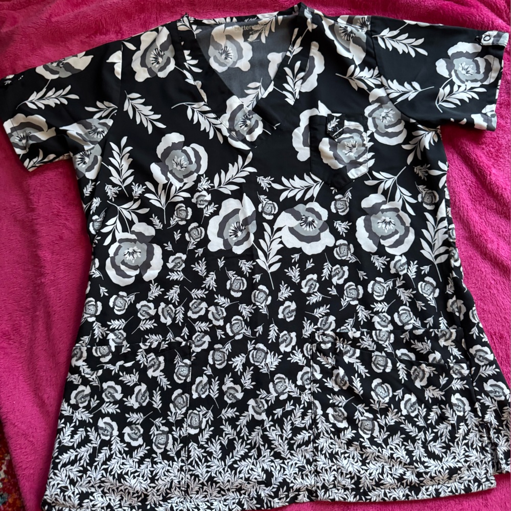 Butter Soft Stretch Black and White Floral Scrub Top